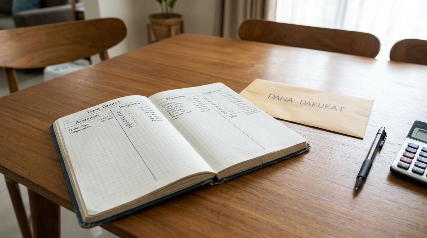 Libreta de presupuestos y un sobre de ahorro para el fondo de emergencia sobre una mesa de madera