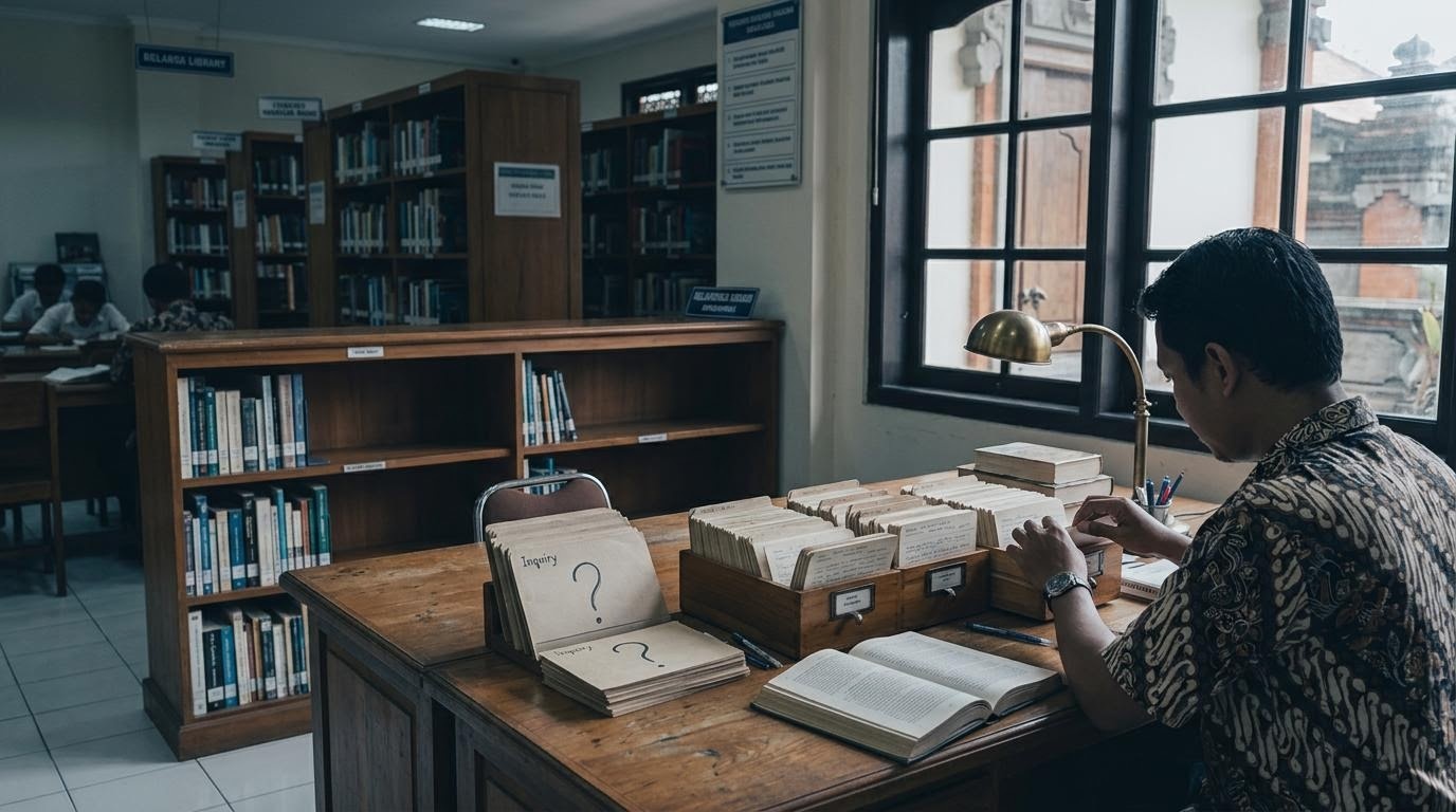 Rincón de consultas y respuestas en una biblioteca de Barcelona con fichas de referencia y tarjetas de preguntas ordenadas