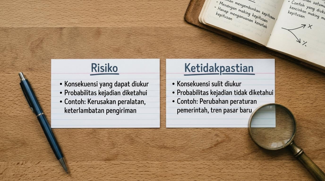 Fichas con los términos riesgo e incertidumbre sobre una mesa de estudio