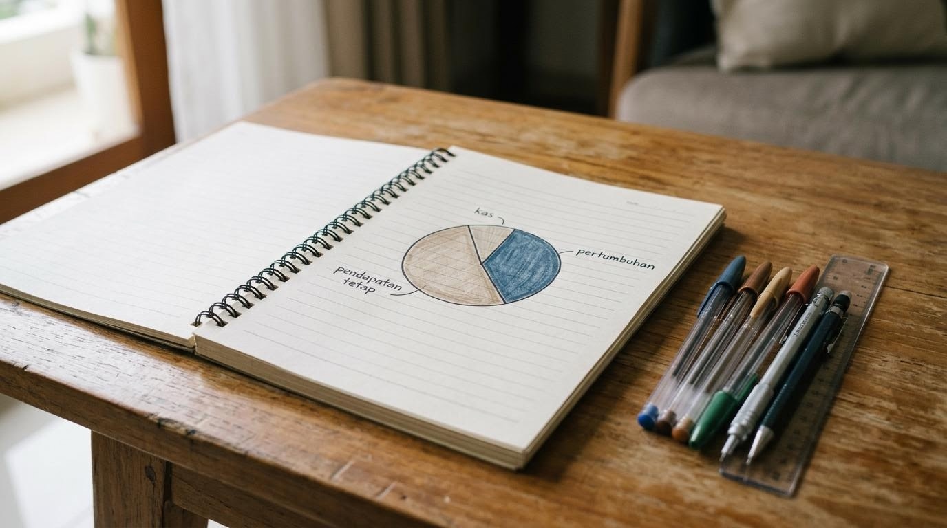 Diagram lingkaran alokasi aset sederhana digambar tangan di buku catatan