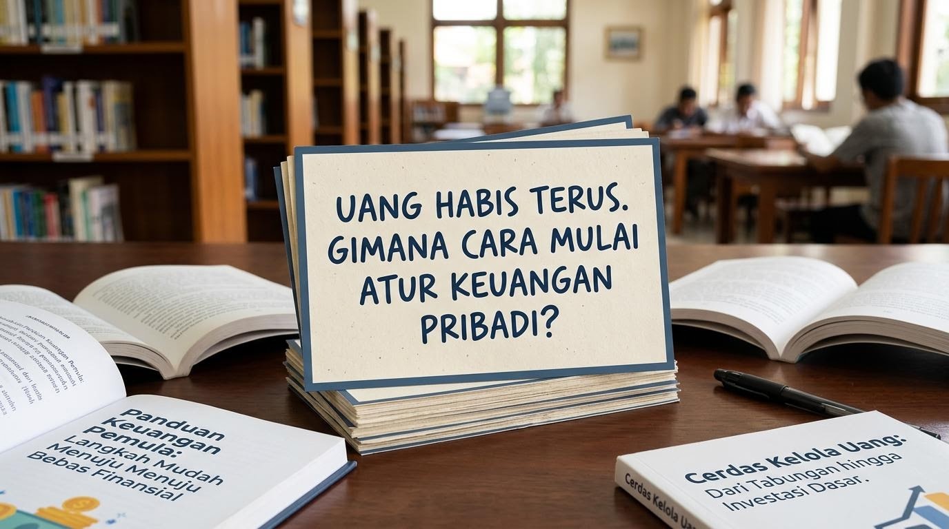 Kartu pertanyaan pemula tersusun bertumpuk di meja referensi perpustakaan